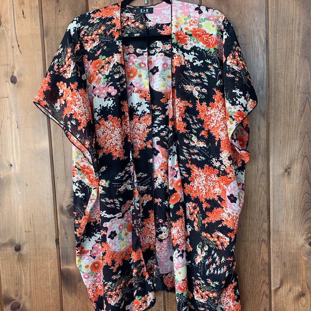 EUC E&K Indie Summer Floral Multicolor Festival Boho Open Front Kimono One Size